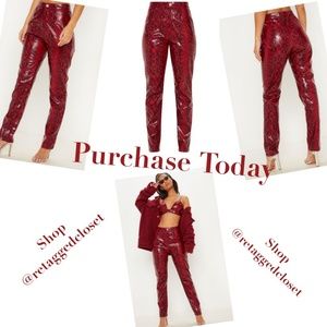 Red Snake Print Faux Leather Pants